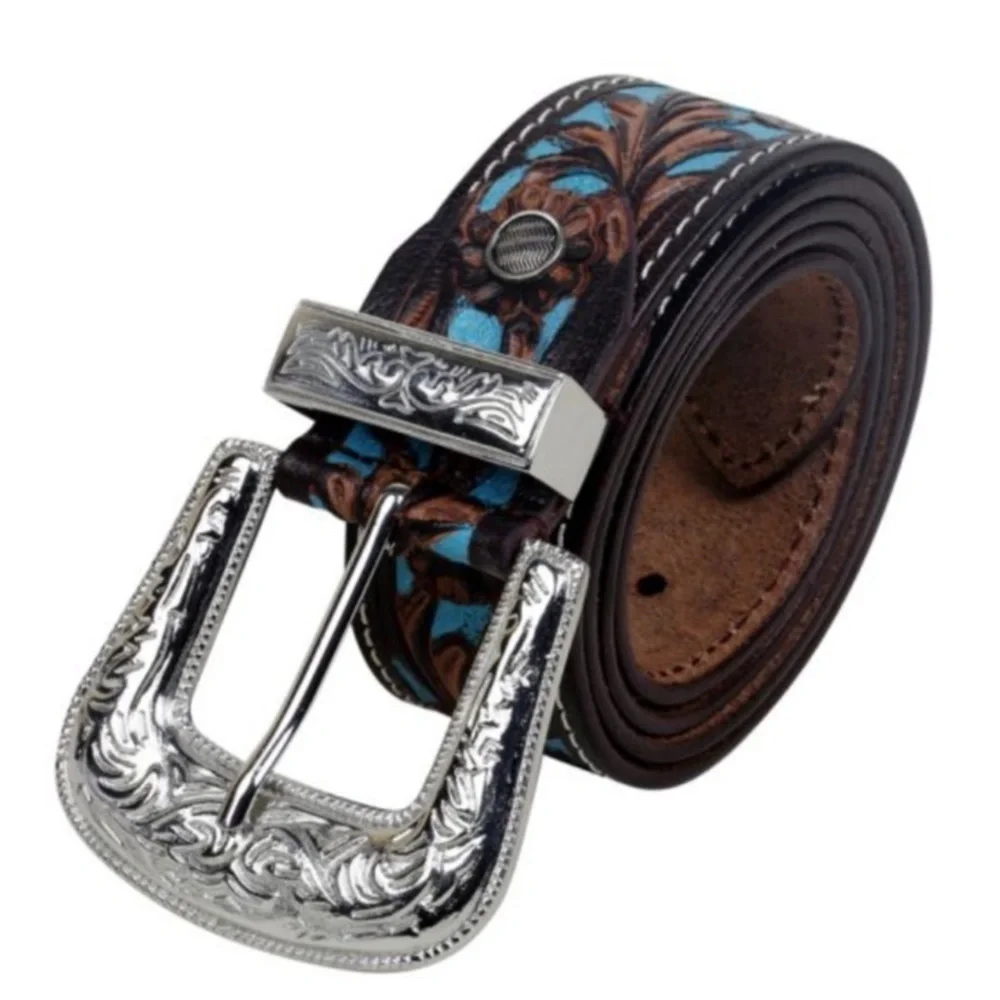 Myra turquoise hand tooled, painted leather belt